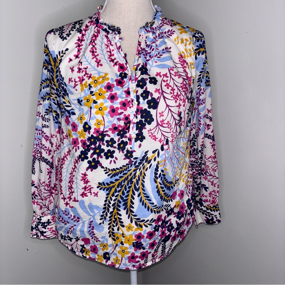 Talbots bold floral peasant blouse top pink blue ruffle V neck Small Petite SP